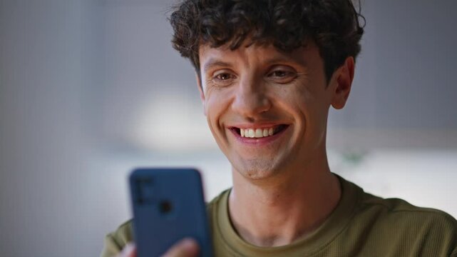 Manager finger touching cellphone screen starting video conference home closeup
