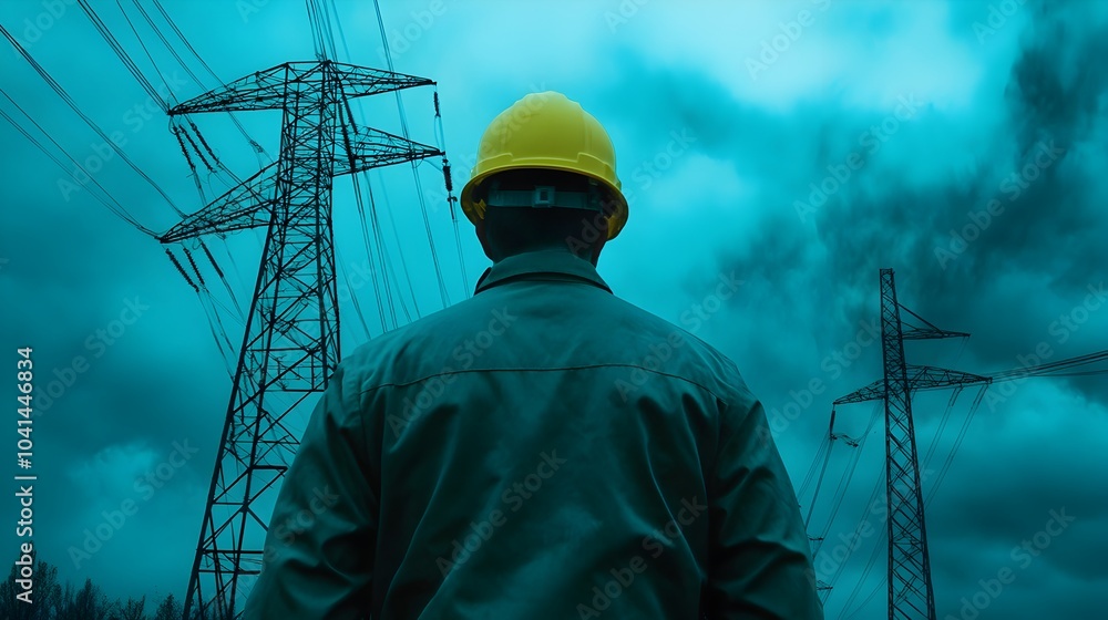 Poster electrical worker inspecting and maintaining high voltage power transmission lines in the midst of a
