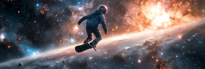 Skateboard Park Floating in Space, with Riders Doing Tricks Between Stars and Nebulas 