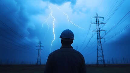 Skilled technician or lineman working to repair and maintain high voltage power lines and electrical infrastructure in the midst of a dramatic stormy night backdrop with dark clouds and ominous sky