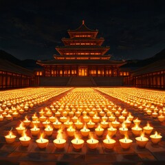 A serene temple illuminated by countless candles, creating a warm, peaceful atmosphere under a dark sky.