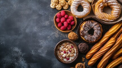 Assorted festival sweets like churros, funnel cakes, and donuts, top view, copy space, no people
