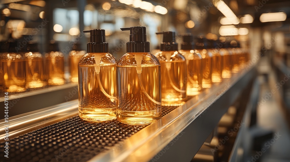 Poster rows of amber liquid soap bottles move along a conveyor belt in a factory setting, creating a sense 