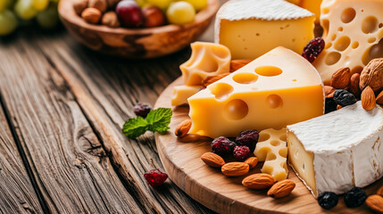 Fototapeta premium A wooden tray with a variety of cheeses and fruits. The tray is placed on a table