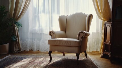 Classic armchair in a cozy, vintage interior with a rug, no people, ample space for text