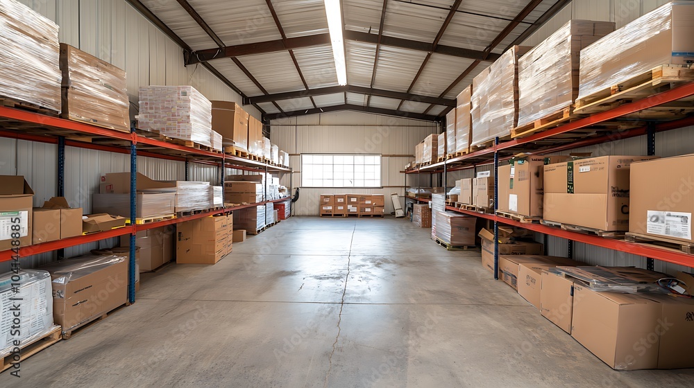 Poster efficiently organized warehouse space with neatly stacked boxes ready for inventory management and d