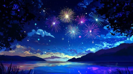 Tranquil Ocean Bay with Glowing Colors at Night