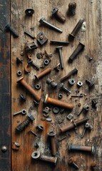 Rustic wood surface with assorted hardware.