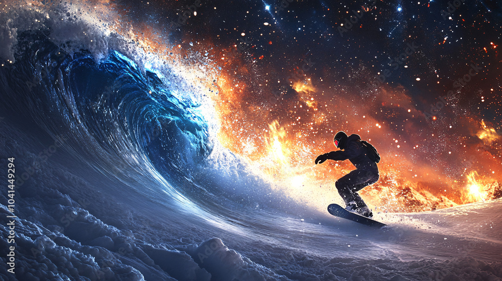 Poster snowboarder carving through a frozen wave, with snow exploding into stars and bright lights