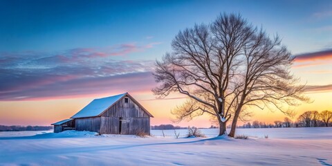 Serene Snowy Field at Dusk with Rustic Barn and Trees Under a Gradient Sky - Tranquil Winter Landscape Photography