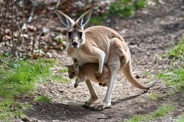 Resilient kangaroo mother carrying her joey. 