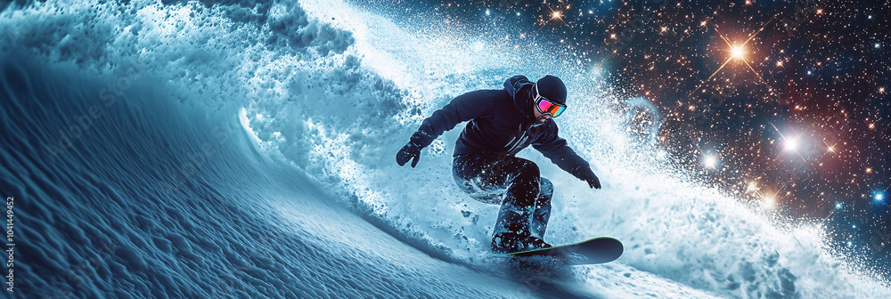 Poster snowboarder carving through a frozen wave, with snow exploding into stars and bright lights