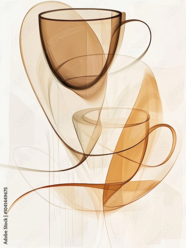 Leinwandbilder curved shapes of a spoon and cups are intertwined in warm tones, creating a minimalist aesthetic tha