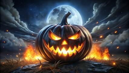 Aerial View of a Flaming Black Pumpkin Head with Terrifying Smile and Sharp White Teeth for Halloween Decoration, Spooky Atmosphere, Festive Decor, Eerie Night Scene, Digital Art
