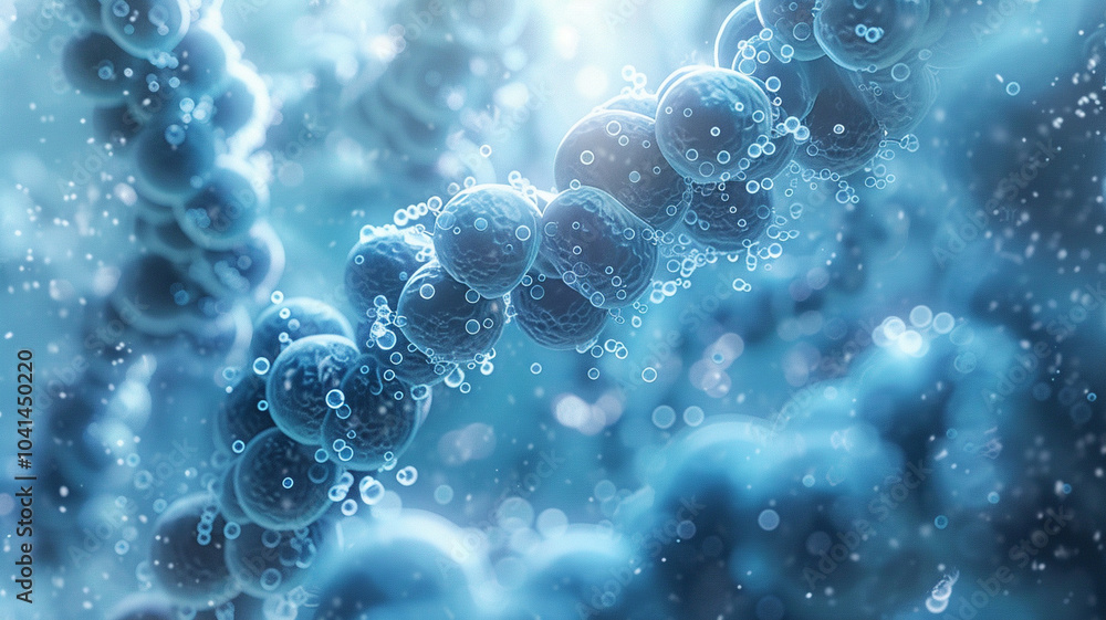 Poster microscopic depiction of cellular environment showcasing intricate structures and bubbles, evoking s