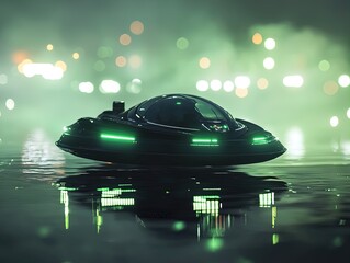 Futuristic Hovercraft at Night: A Stunning Poster for Sporty Interiors, Capturing Speed and Modernity Amidst Shimmering Waters and Vibrant Green Lights