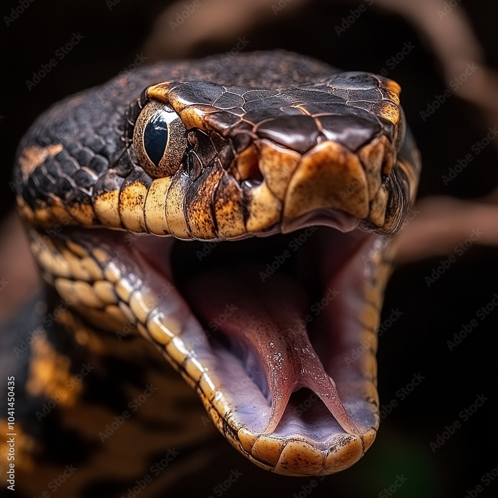Aufkleber a close up of snake with its mouth open, showcasing its sharp fangs and vibrant scales. snakes inten