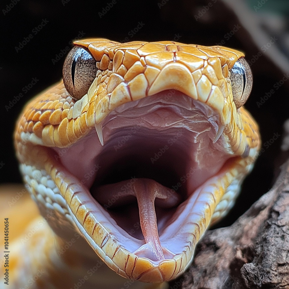Aufkleber a close up of vibrant yellow snake with its mouth wide open, showcasing its sharp fangs and flicking