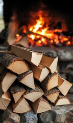 Stacked firewood in front of a fireplace.