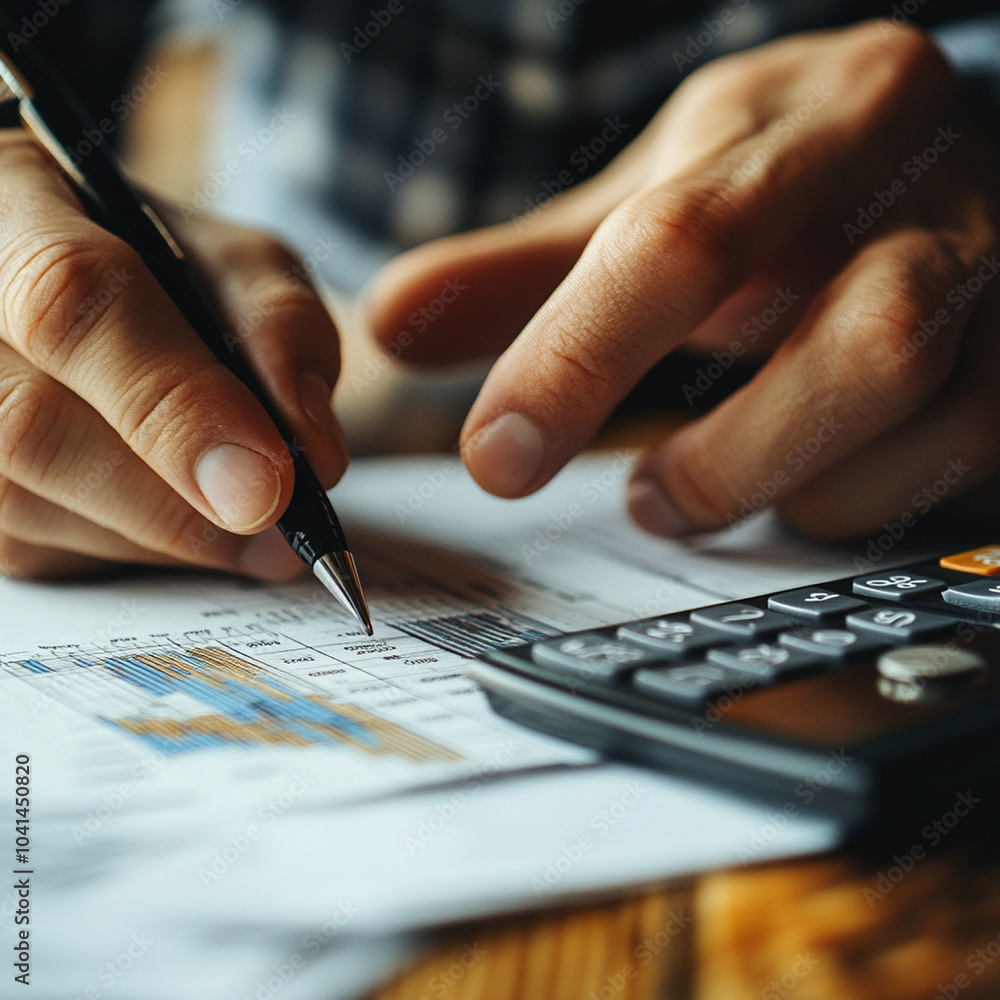 Poster a person is focused on setting financial goals, analyzing data on paper while using calculator. scen