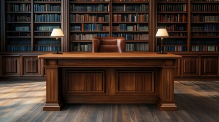 Classic polished wooden desk in a quiet library, no people, ample space for text