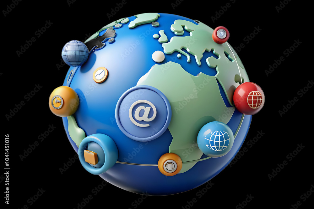 Poster glossy globe connected with ai symbols, global reach of ai in customer support, ample copy space for