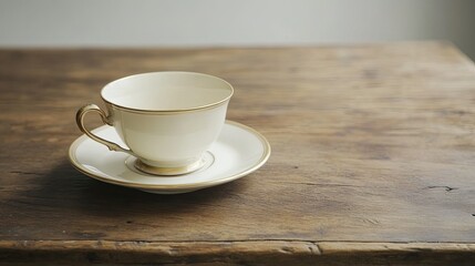 Obraz premium Classic porcelain teacup and saucer on a vintage wooden table, no people, with room for copy text