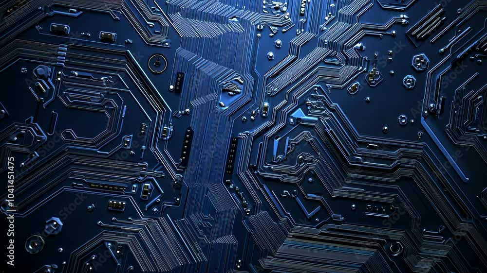Poster a close-up view of a circuit board, showcasing intricate wiring patterns and connectors, captured in