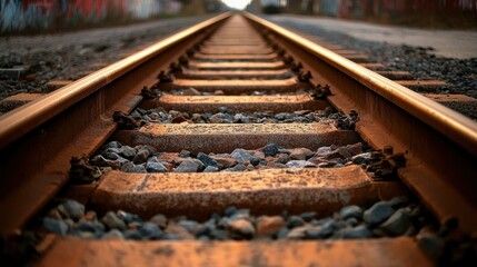 Classic train tracks stretching into the horizon, no people, copy space for text available