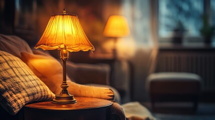 Classic vintage lamp casting a warm glow in a cozy room, no people, ample copy space