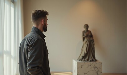 Man standing alone by sculpture