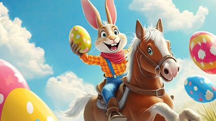 A joyful rabbit, dressed in a striking cowboy costume, rides a horse while holding a colorful egg in a sunny field