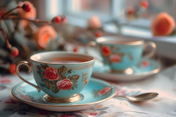 Fototapeta premium A close up of a cup and saucer on a table