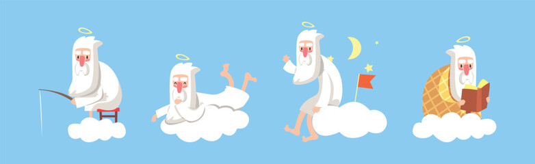 Funny Bearded God Character on Soft Cloud Vector Set
