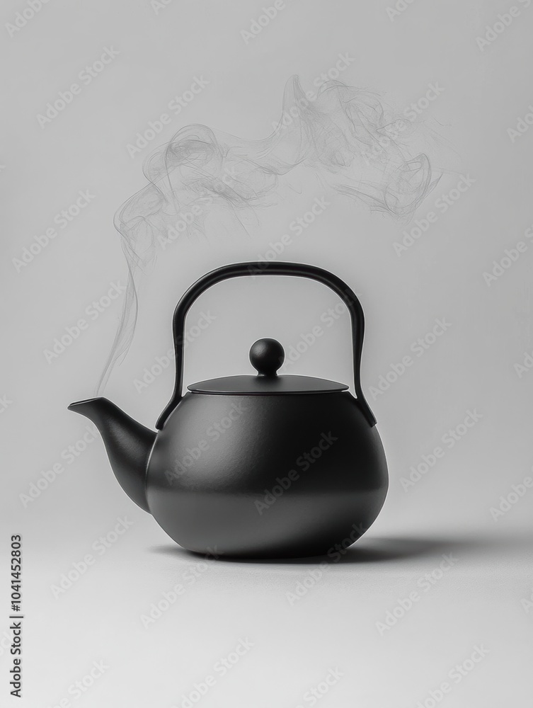 Sticker The black tea kettle releases delicate steam, creating a cozy atmosphere in a softly muted environment, enhancing the feeling of warmth. Generative AI