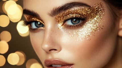 Woman with sparkling gold glitter eye makeup showcasing a glamorous beauty look and radiant clear skin