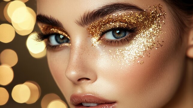 Woman with sparkling gold glitter eye makeup showcasing a glamorous beauty look and radiant clear skin
