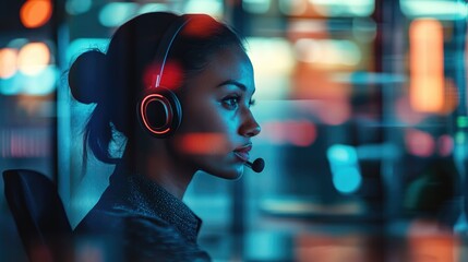 Woman wearing a headset engaging in her role at a customer support helpline seen through a glass panel