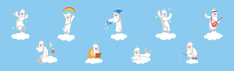 Funny Bearded God Character on Soft Cloud Vector Set