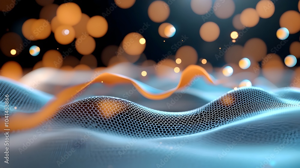 Poster captivating holographic surfaces with flowing shifting shapes and colors in a mesmerizing futuristic