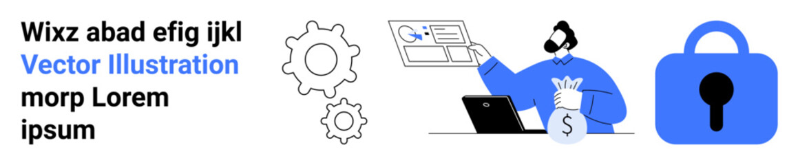 A man holding a currency bag interacting with a laptop. Surrounding elements include gears and a padlock. Ideal for financial security, online transactions, cybersecurity, technology, and business