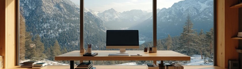 A minimalist desk setup in a rented cabin, with mountain views through large windows