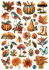 Printable A4 page with autumn or fall clipart elements pumpkins, leaves, flowers, for cutting, fussy cuts designs for scrapbooking, pre-made ephemera pieces sheet to print and cut, AI generated image
