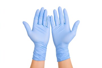 Obraz premium A Pair of Blue Latex Gloves Held Up by a Healthcare Worker, Isolated on a Solid White Background, Health