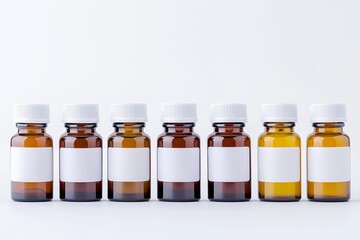 A Row of Prescription Pill Bottles With Labels, Displayed Against a Smooth White Surface, Health