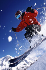 Skier Performing a Big Jump Mid-Air in Action