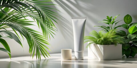Obraz premium Skin Care Tube Mockup on White Background with Tropical Shadows - Perfect for Beauty Products, Skincare Marketing, and Advertising Photography
