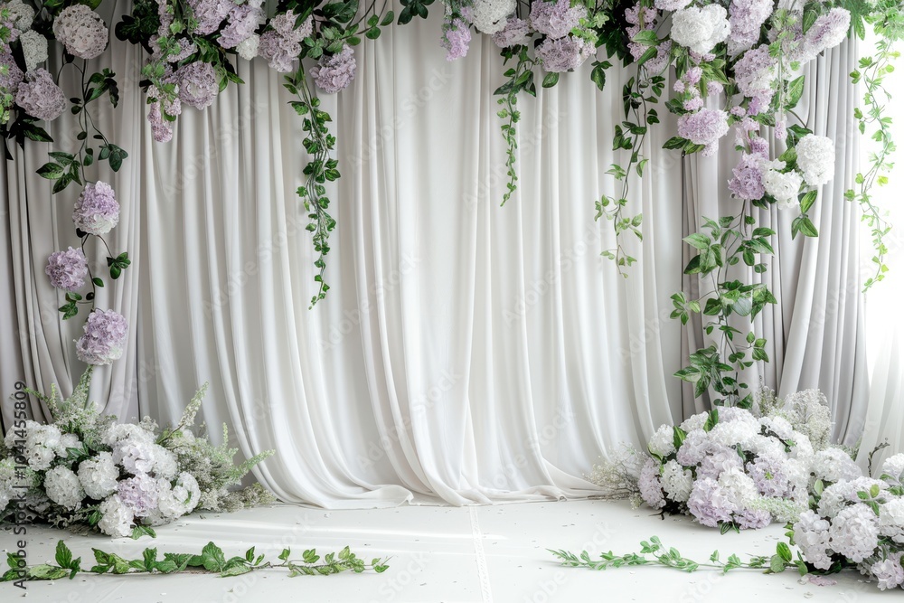 Poster Scandinavian Minimalist style cool ivory studio backdrop with a matte finish, light gray curtains with minimal draping, highlighted by clusters of soft lavender hydrangeas and trailing ivy
