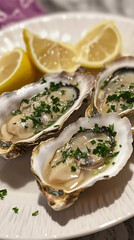 Fresh Oysters top view. Open oysters on a table. Healthy sea food. French Oyster dinner in restaurant.  background. Seafood, Gourmet food.
