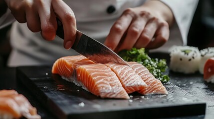 The salmon is in the hands of the experienced chef. She is using a knife to slice salmon fillet for sashimi and sushi. A chef cutting a salmon fillet with a knife on a cutting board. Cut fish fillet.